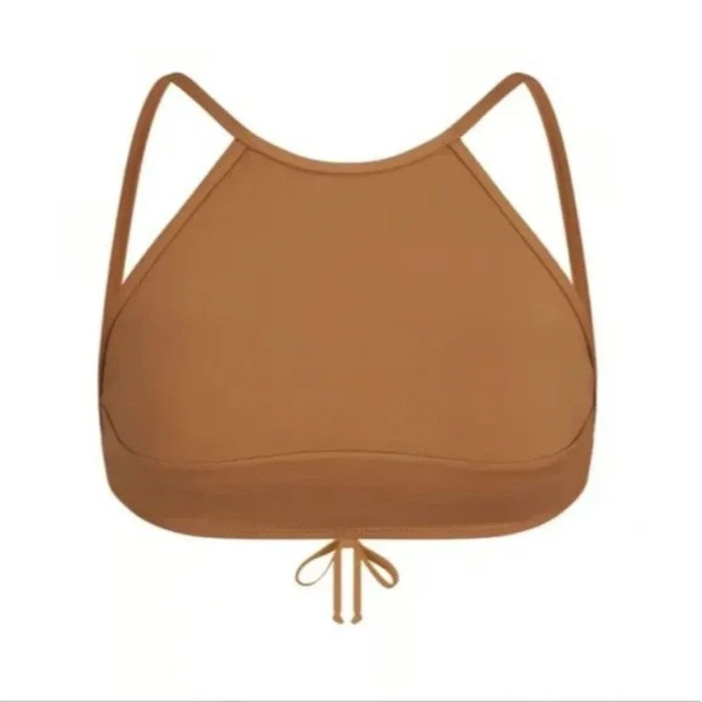 SKIMS Recycled Swim Women Size 4X High Neck Bikini Top Almond Brown NEW